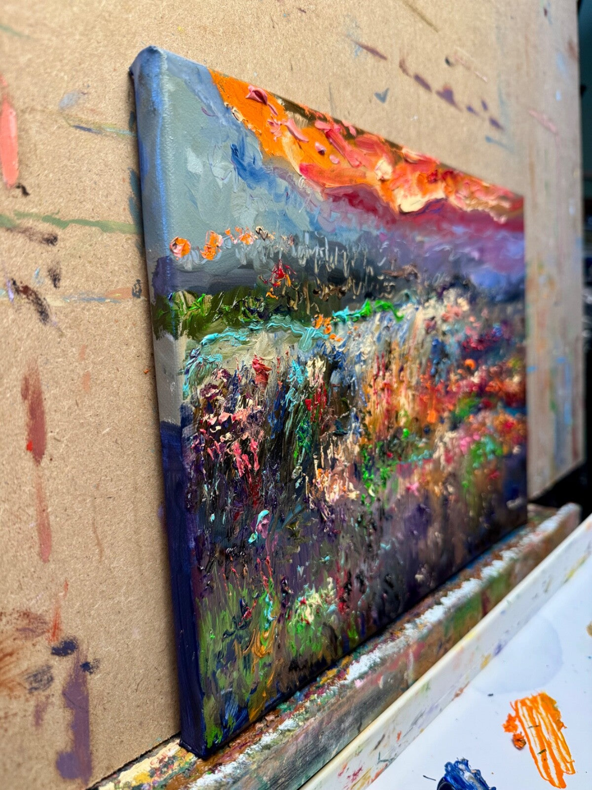 Wildflower painting ORIGINAL art Landscape mountain sunset Floral Field 9x12"