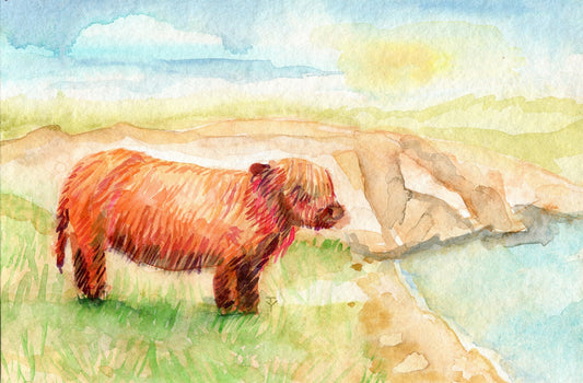 Watercolor painting ORIGINAL art Highland cow landscape 6x9"