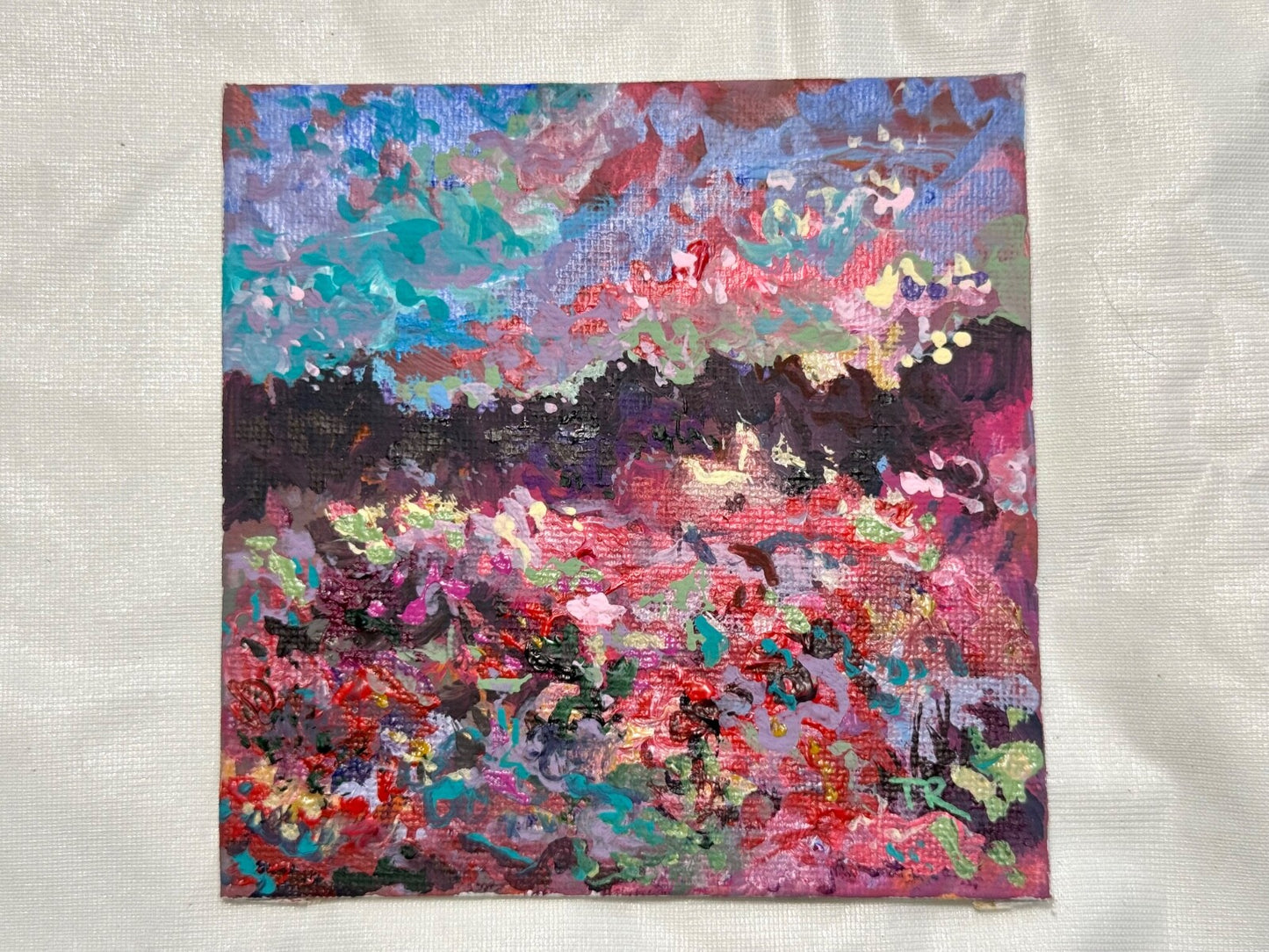Wildflower field Original art Landscape red flower floral Acrylic Painting 4x4”