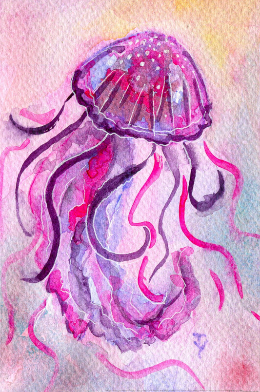 WATERCOLOR painting ORIGINAL art Jellyfish small artwork Sea life fish 4x6"