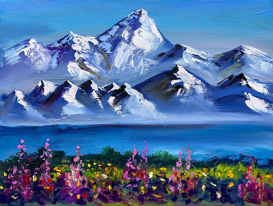 Original art oil painting Landscape mountain artwork Lake lupines Alaska 18x24"