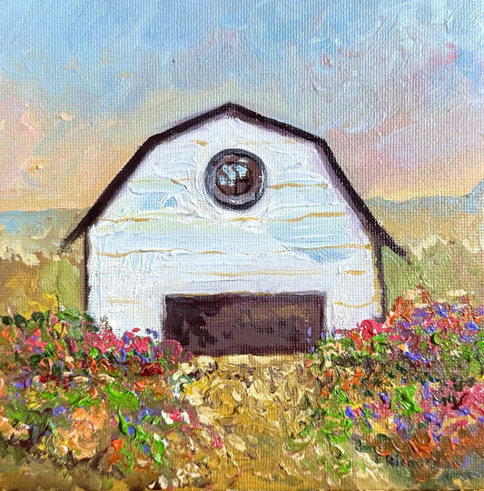 Farmhouse Oil painting ORIGINAL art Cottage House Flower Garden landscape 6x6