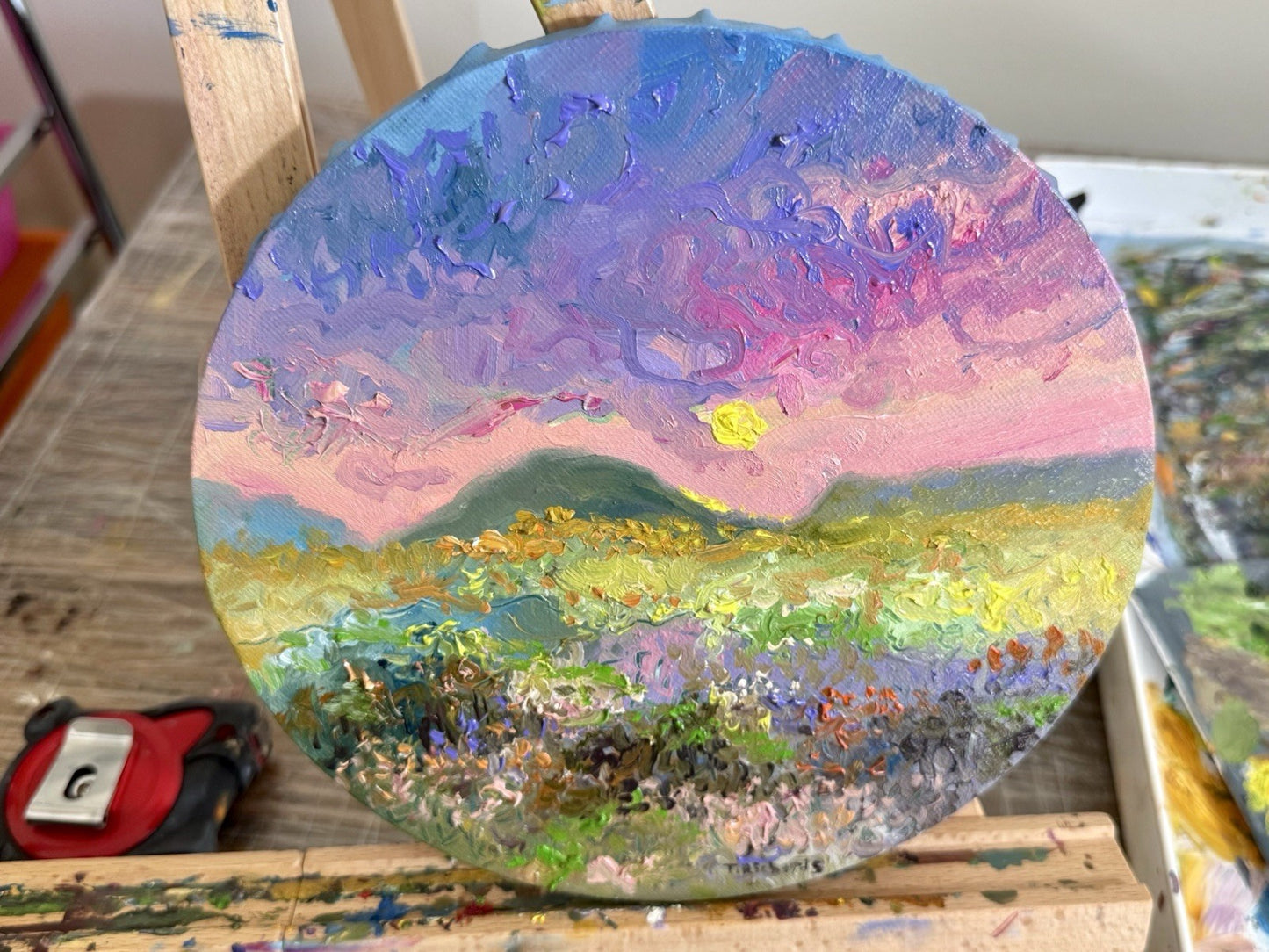 ORIGINAL art oil painting Floral meadow Flower field Mountain Sunset Round 8x8"