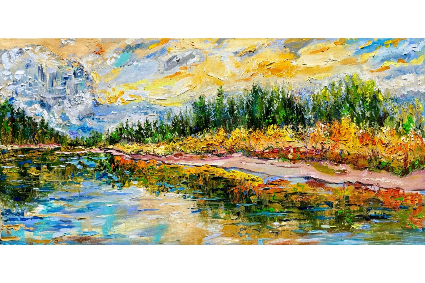 Oil painting Original art Canada Landscape Maligne Lake Mountain Forest 15x30”