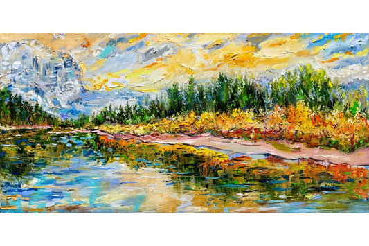 Oil painting Original art Canada Landscape Maligne Lake Mountain Forest 15x30”