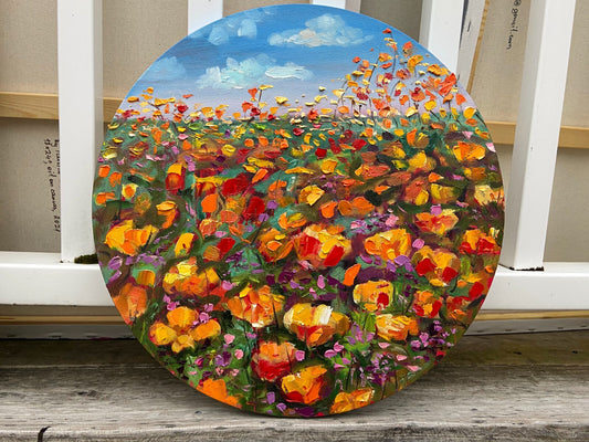 Oil painting ORIGINAL art California poppy field landscape wall art  16x16"