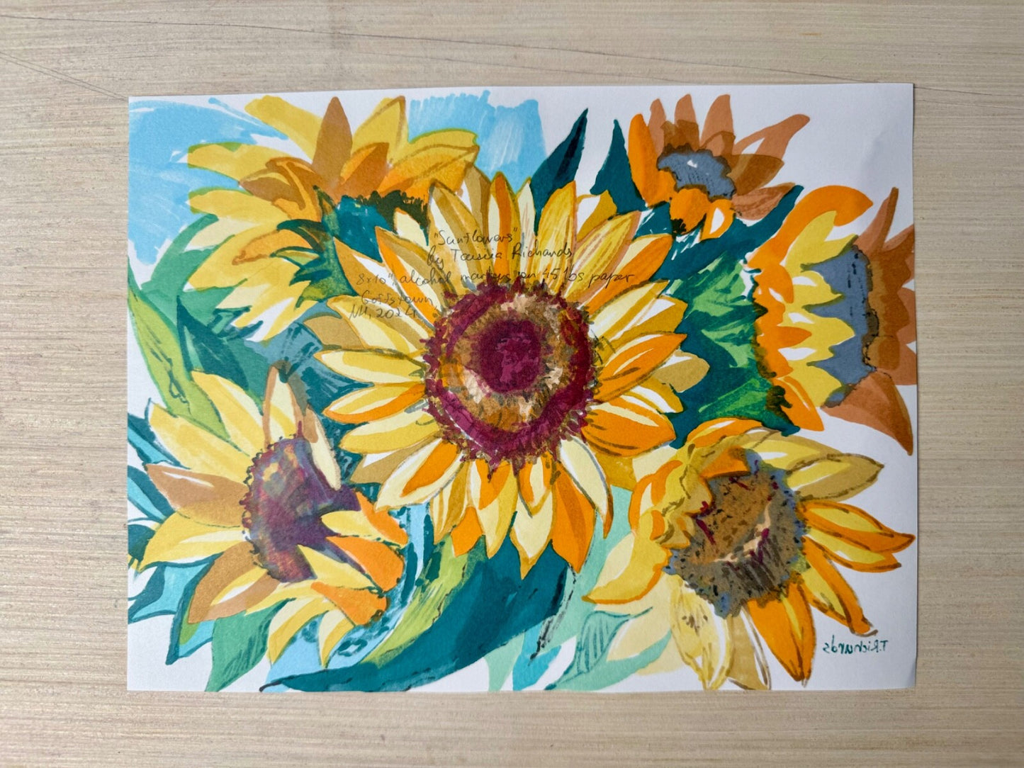 Sunflowers painting ORIGINAL art Flower floral Markers on thin paper signed 8x10