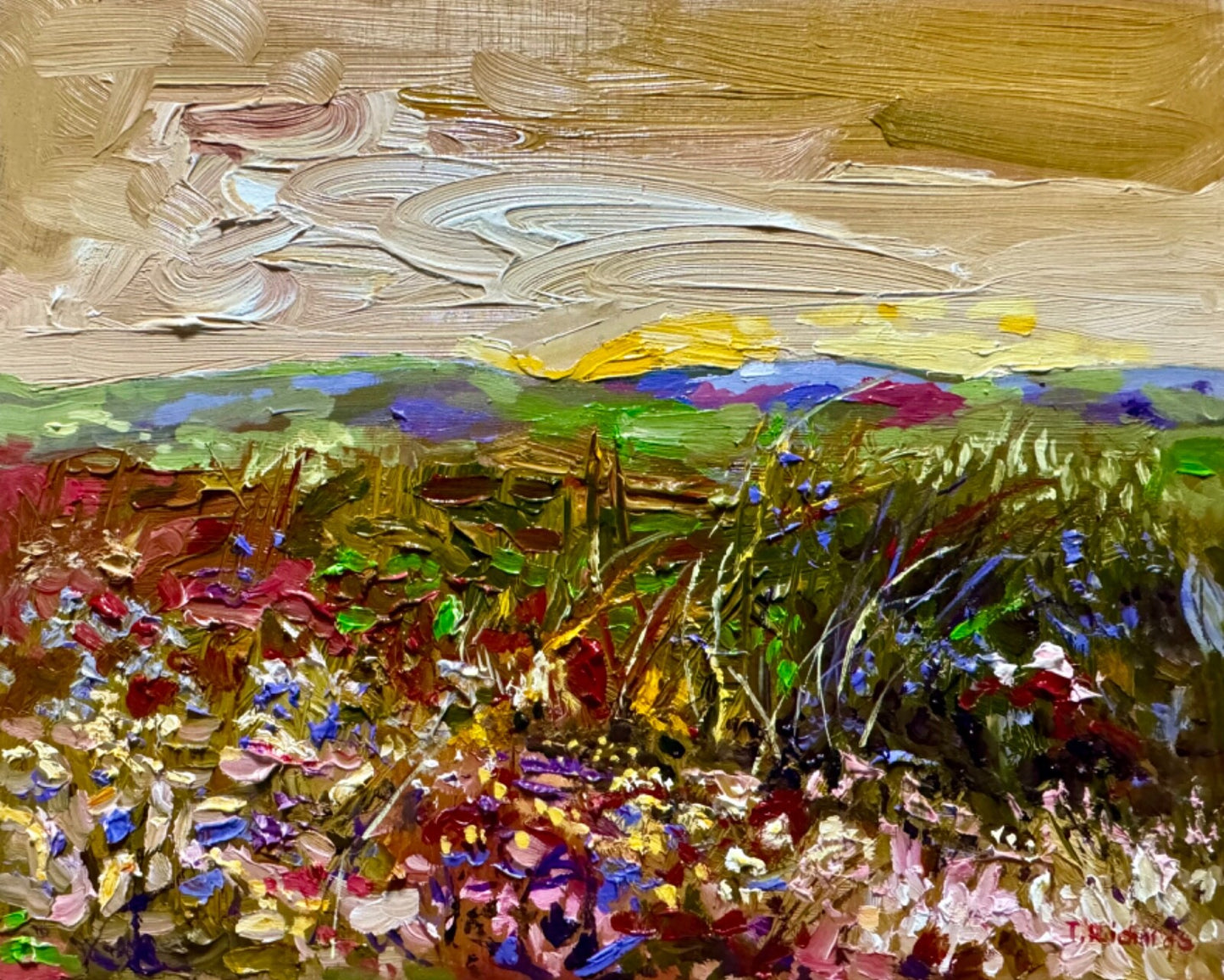 Oil painting panel ORIGINAL art Wildflower field artwork Landscape flower 8x10