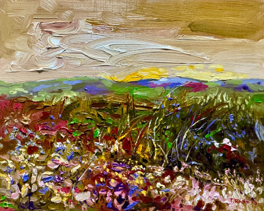 Oil painting panel ORIGINAL art Wildflower field artwork Landscape flower 8x10