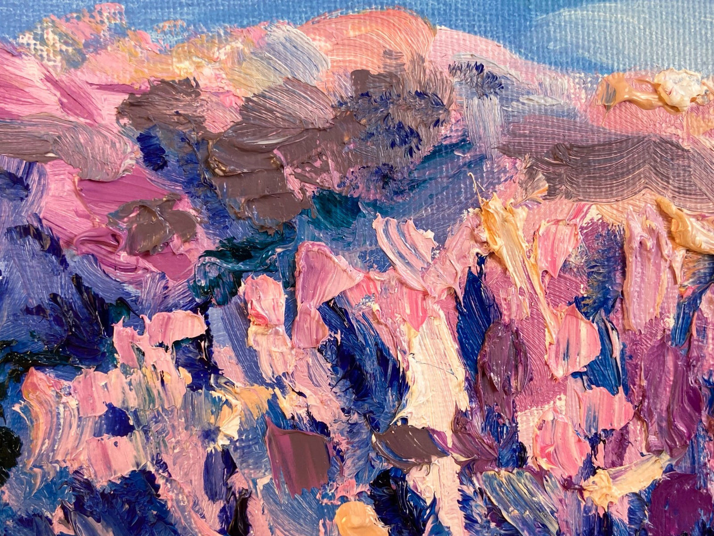 Oil painting ORIGINAL art Lavender field artwork Landscape flowers mountain 8x10