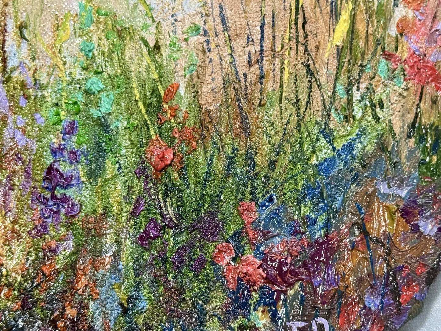 ORIGINAL art oil painting Floral meadow Flower field Round canvas artwork 11.5"
