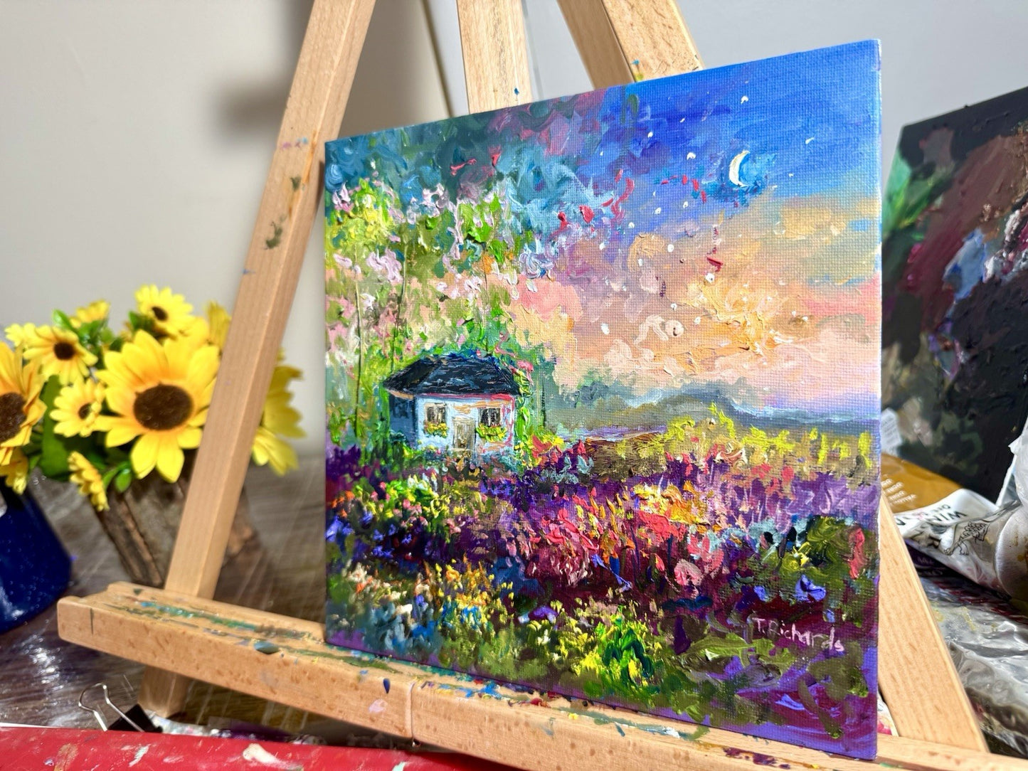 Farmhouse Oil painting ORIGINAL art Cottage House Flower Garden landscape 8x8