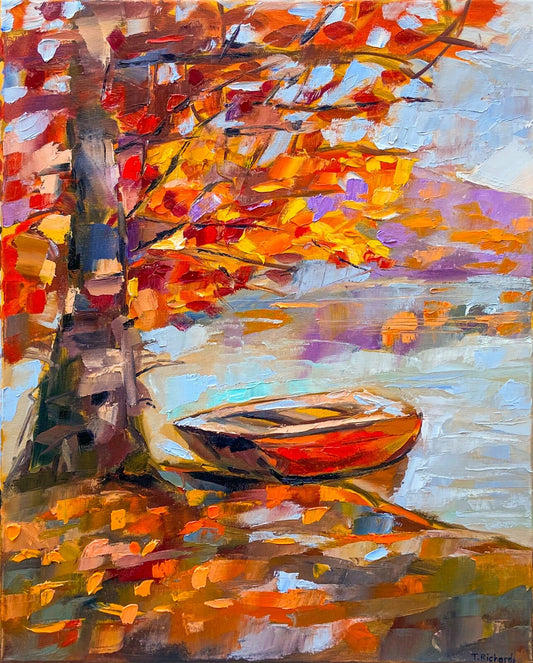 Lake boat oil painting canvas ORIGINAL art Landscape fall nature artwork 16x20"