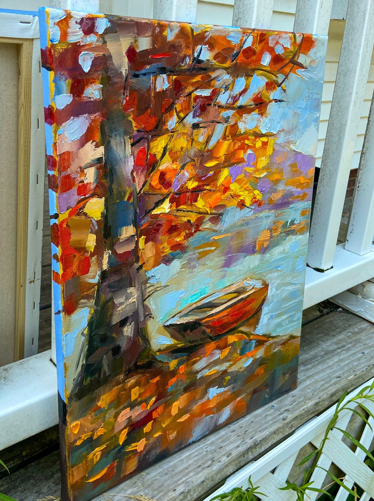 Lake boat oil painting canvas ORIGINAL art Landscape fall nature artwork 16x20"