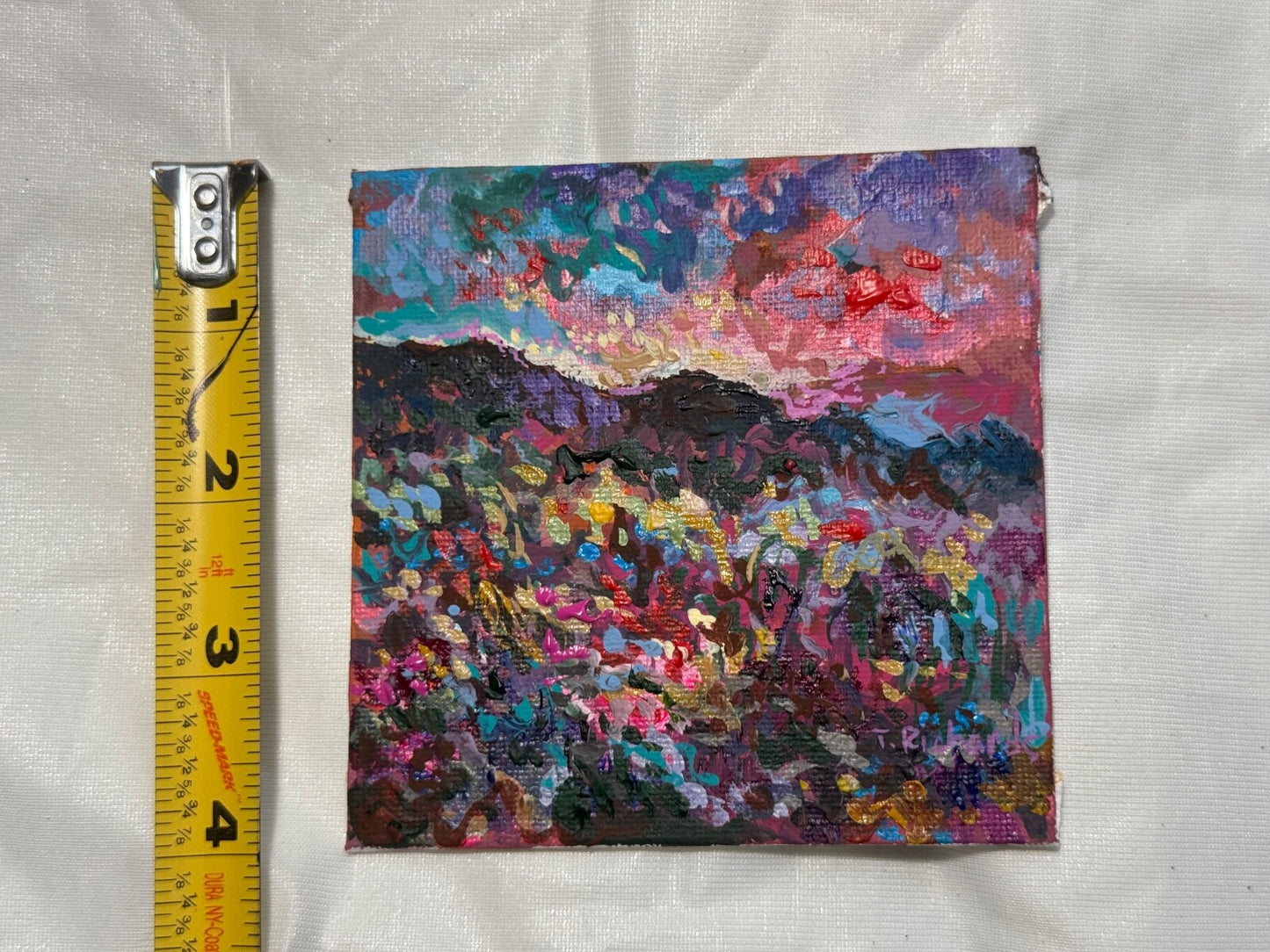 Wildflower field Original art Landscape flower floral Acrylic Painting 4x4”