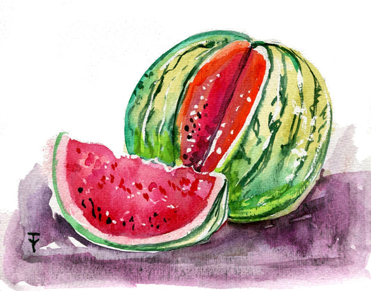 Watermelon Painting Fruit ORIGINAL Art WATERCOLOR Small Artwork Wall Art 5x6.4"