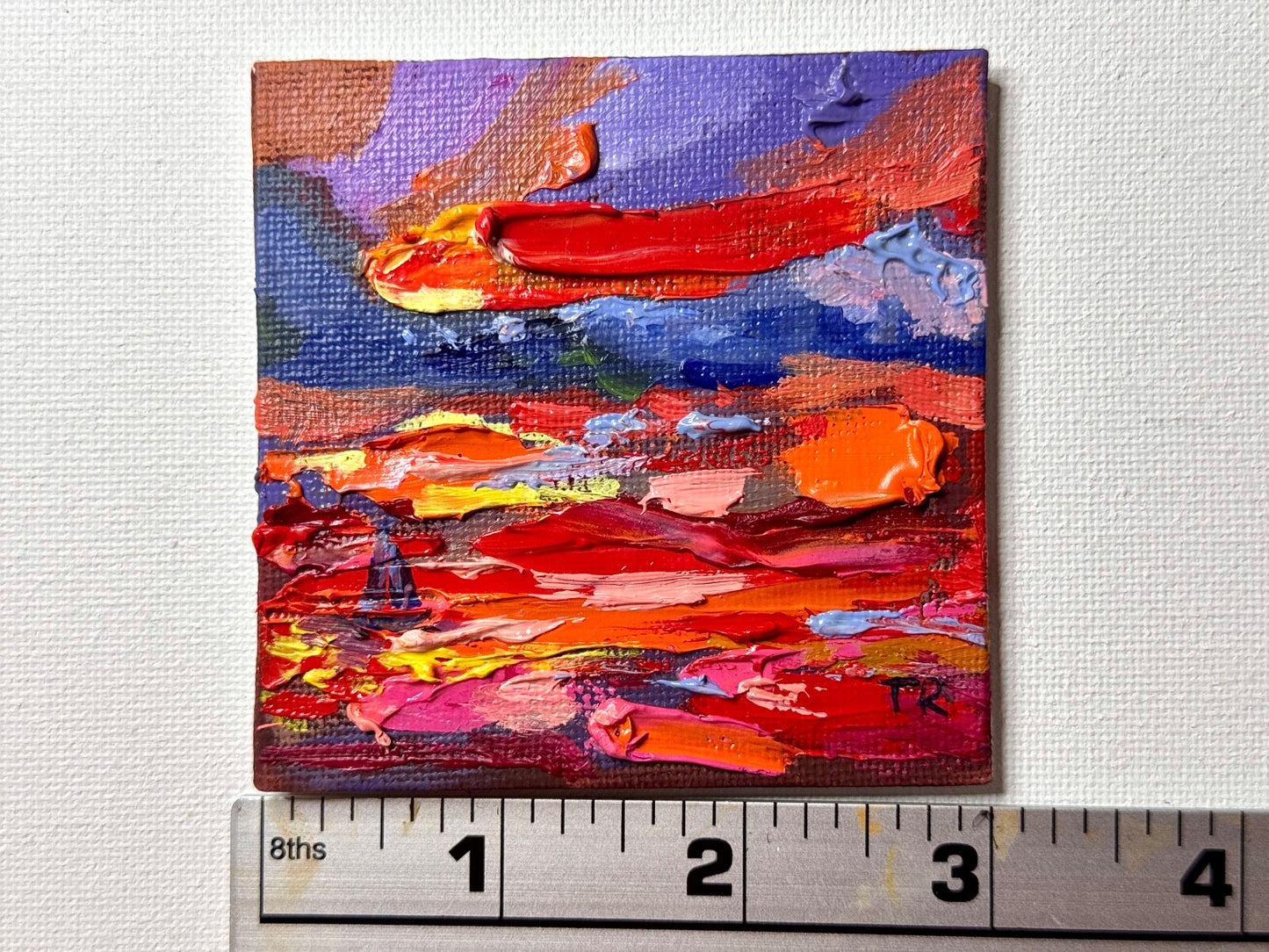 ORIGINAL oil painting Ocean sailboat River boat Sunset red seascape mini art 3x3