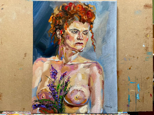 ORIGINAL art oil painting Woman redhead naked floral flower Nude artwork 12x16"