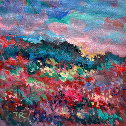 Wildflower field Original art Landscape red flower floral Acrylic Painting 4x4”