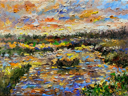 Pond oil painting on canvas ORIGINAL art Swamp artwork Landscape seascape 9x12"