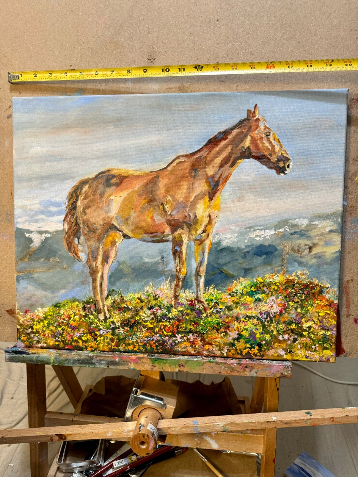 Oil painting ORIGINAL art Horse Wildflower field Mountain landscape Floral 16x20