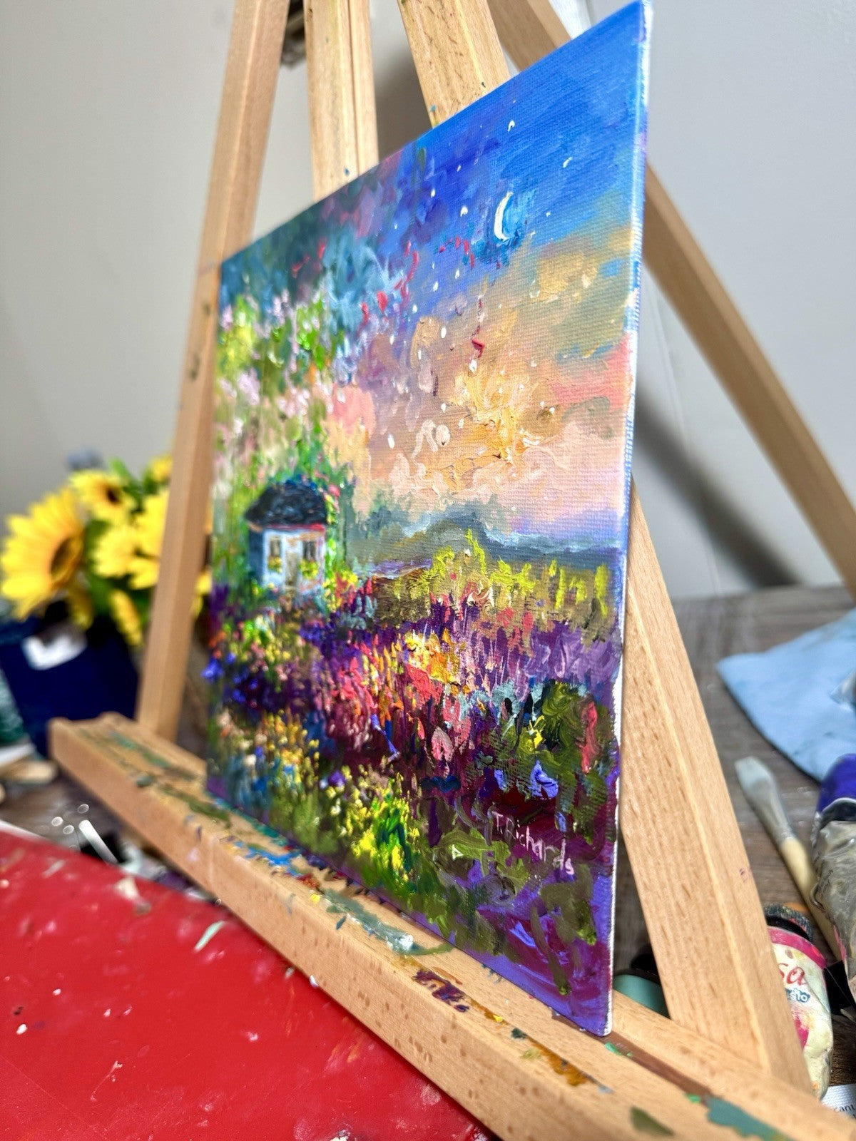 Farmhouse Oil painting ORIGINAL art Cottage House Flower Garden landscape 8x8