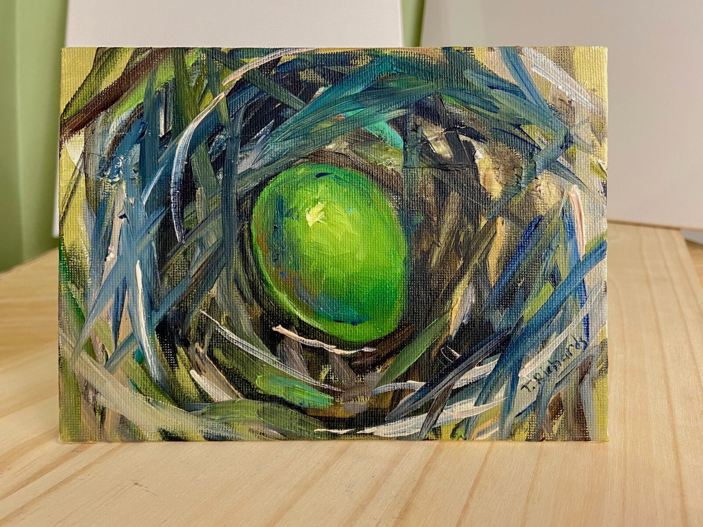 Green egg oil painting on canvas panel ORIGINAL art Easter egg artwork 5x7"