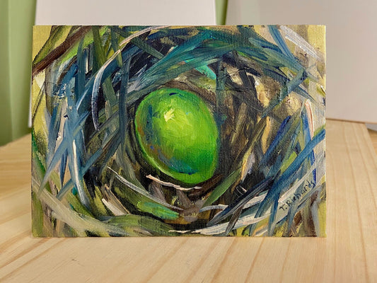 Green egg oil painting on canvas panel ORIGINAL art Easter egg artwork 5x7"