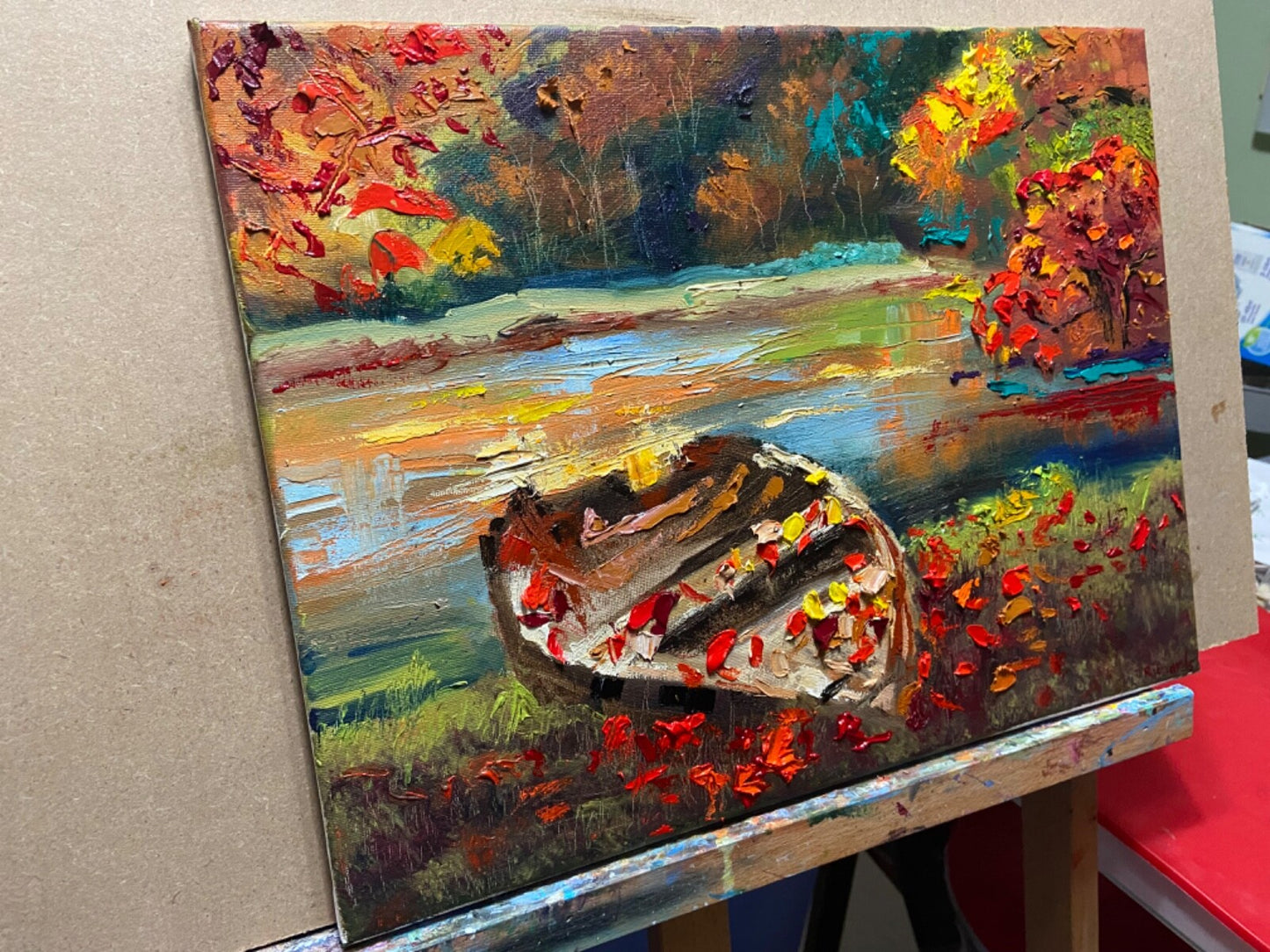 Oil painting ORIGINAL art Boat Fall landscape New England lake river 12x16"
