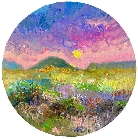 ORIGINAL art oil painting Floral meadow Flower field Mountain Sunset Round 8x8"