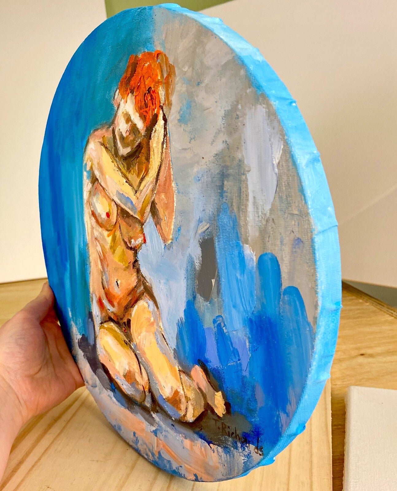 ORIGINAL oil painting Nude naked woman figurative round canvas artwork 12x12"