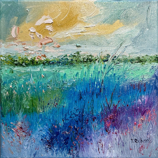 Field painting ORIGINAL art Landscape sunrise Floral flower wildflower 10x10”