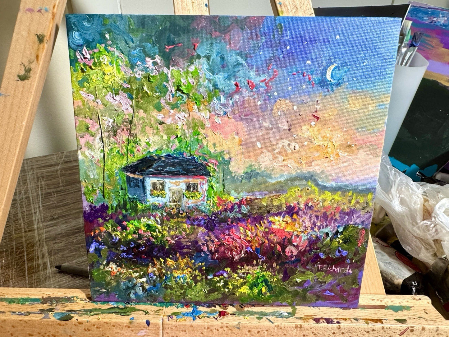 Farmhouse Oil painting ORIGINAL art Cottage House Flower Garden landscape 8x8
