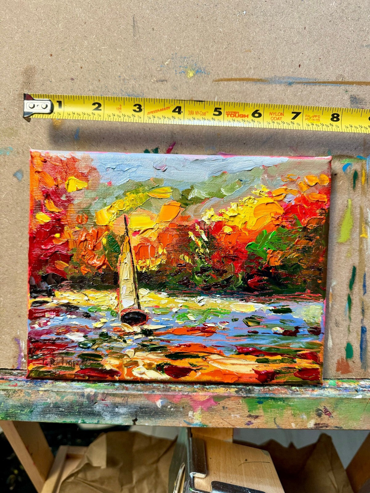 ORIGINAL art Oil painting Sailboat Lake river Fall forest seascape signed 6x8"