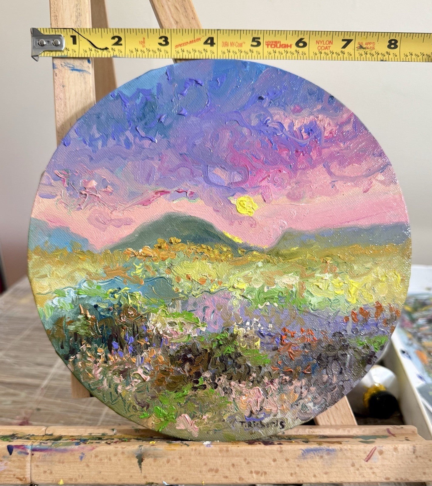 ORIGINAL art oil painting Floral meadow Flower field Mountain Sunset Round 8x8"
