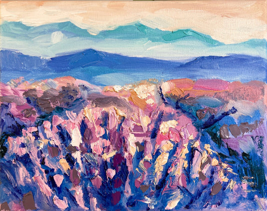Oil painting ORIGINAL art Lavender field artwork Landscape flowers mountain 8x10
