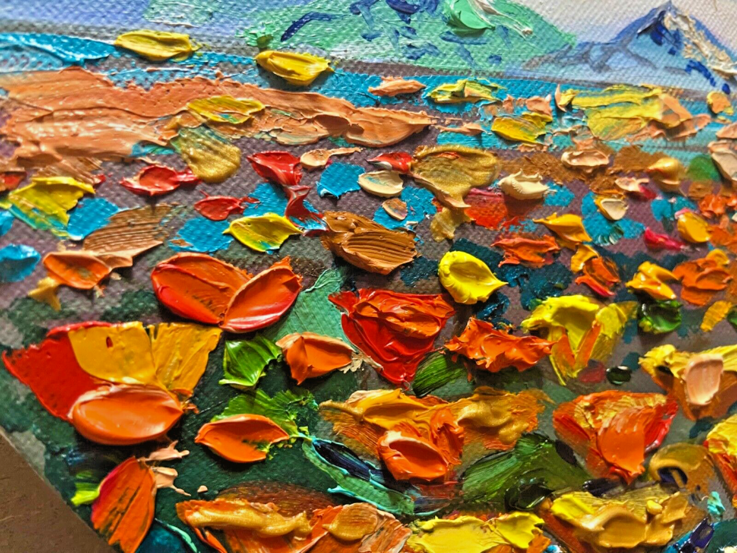 Oil painting ORIGINAL art California poppy field artwork Landscape flowers 8x8"