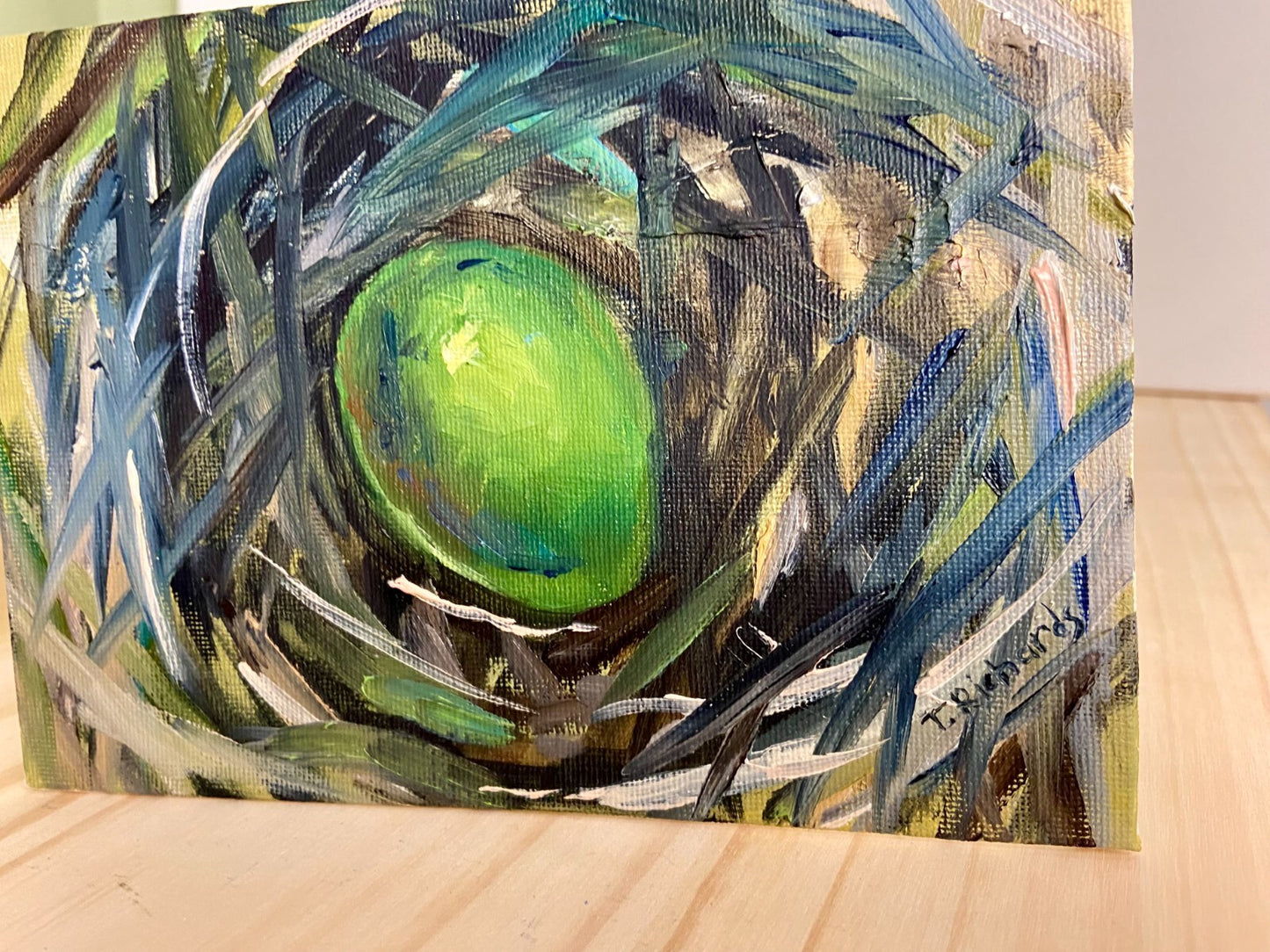 Green egg oil painting on canvas panel ORIGINAL art Easter egg artwork 5x7"