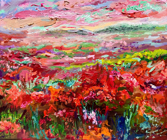 Field painting ORIGINAL art Landscape red sunset Floral wildflower 10x12"