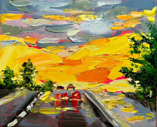 Oil painting ORIGINAL art Night sky rainy wet road car artwork Landscape 8x10"