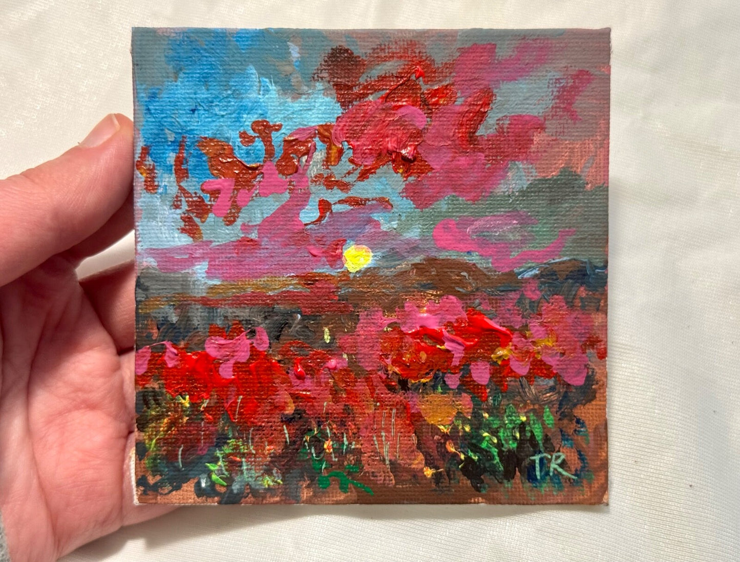 Wildflower field Original art Landscape red flowers sunset Acrylic Painting 4x4”