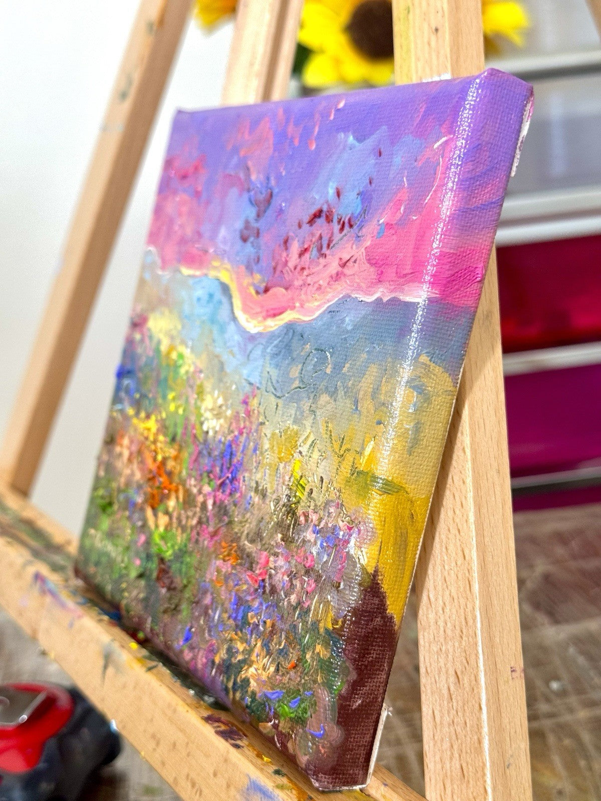 Wildflowers Oil painting ORIGINAL art Mountain Sunset floral field Landscape 6x6
