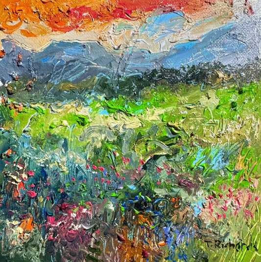 Oil painting ORIGINAL art Landscape sunset Mountain wildflower field Floral 6x6”