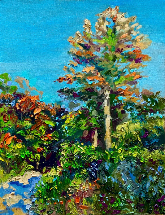 Oil painting ORIGINAL art Forest tree Goffstown Rail Trail Sky landscape 12x16”