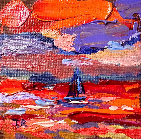 ORIGINAL oil painting Ocean sailboat River boat Sunset red seascape mini art 3x3