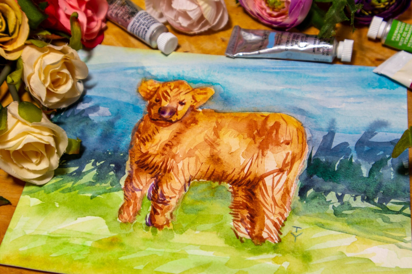 WATERCOLOR painting ORIGINAL art Cow calf pet Animal wall art 5x7"