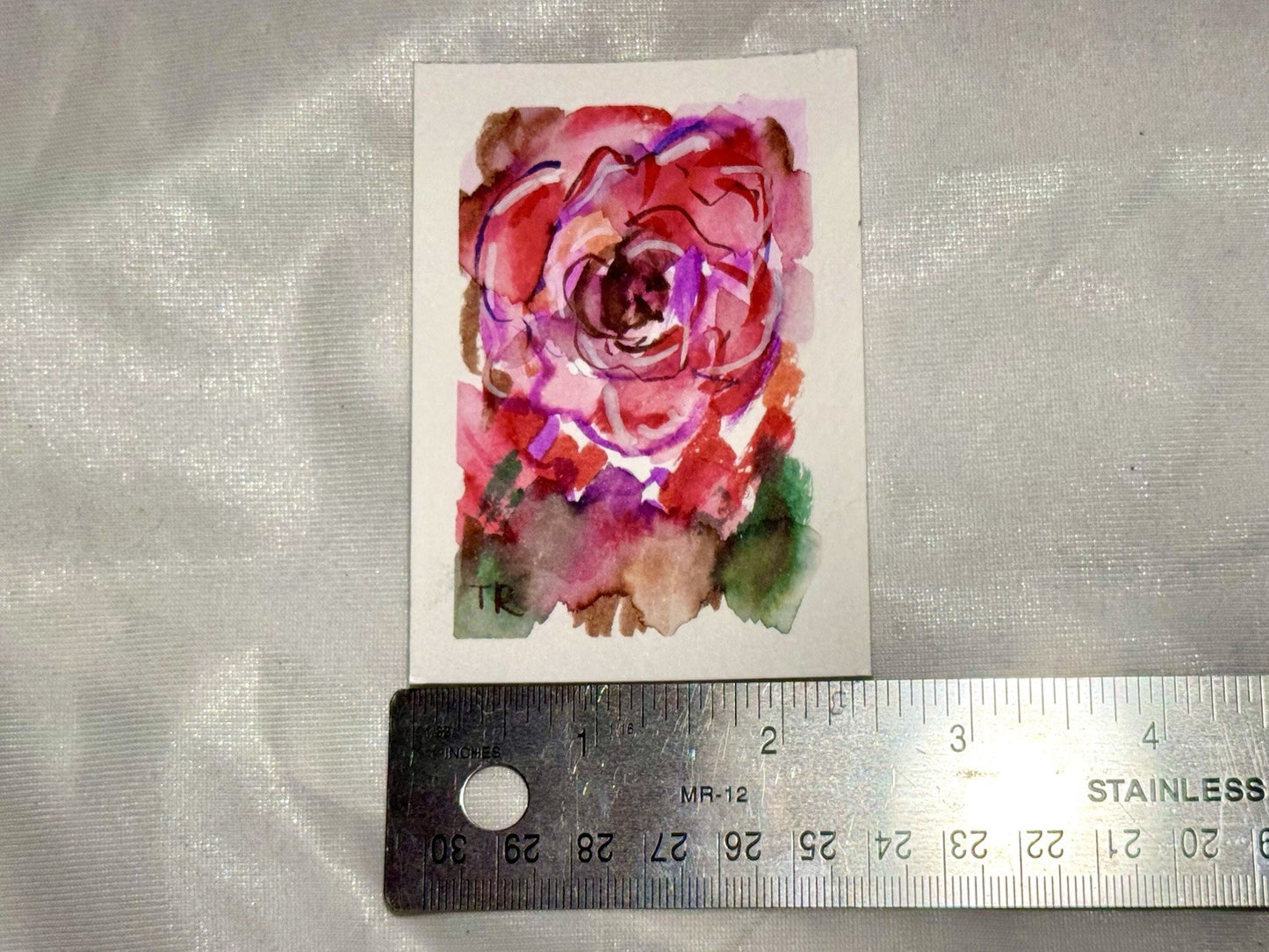 ACEO Watercolor Red Rose ORIGINAL Art ATC Painting Miniature Flower 2.5x3.5"