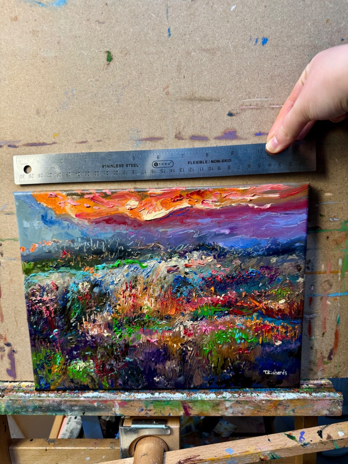 Wildflower painting ORIGINAL art Landscape mountain sunset Floral Field 9x12"
