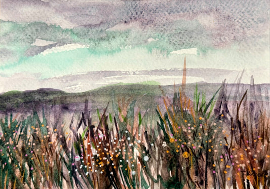 Wildflower field painting ORIGINAL art watercolor on paper Meadow artwork 5x7"