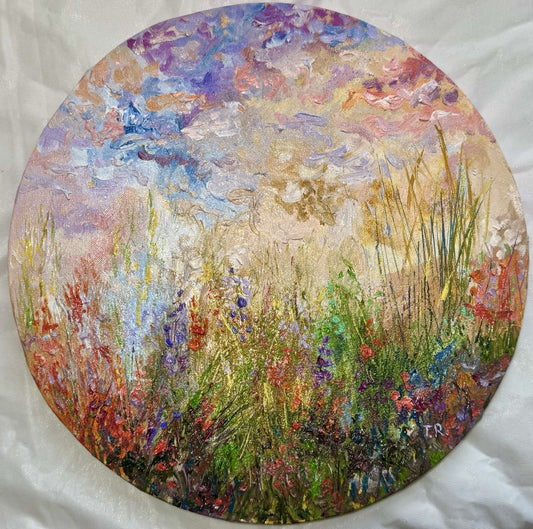 ORIGINAL art oil painting Floral meadow Flower field Round canvas artwork 11.5"